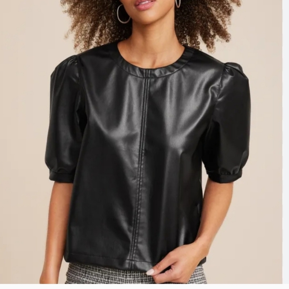 Black Faux Leather Puff Sleeve Top